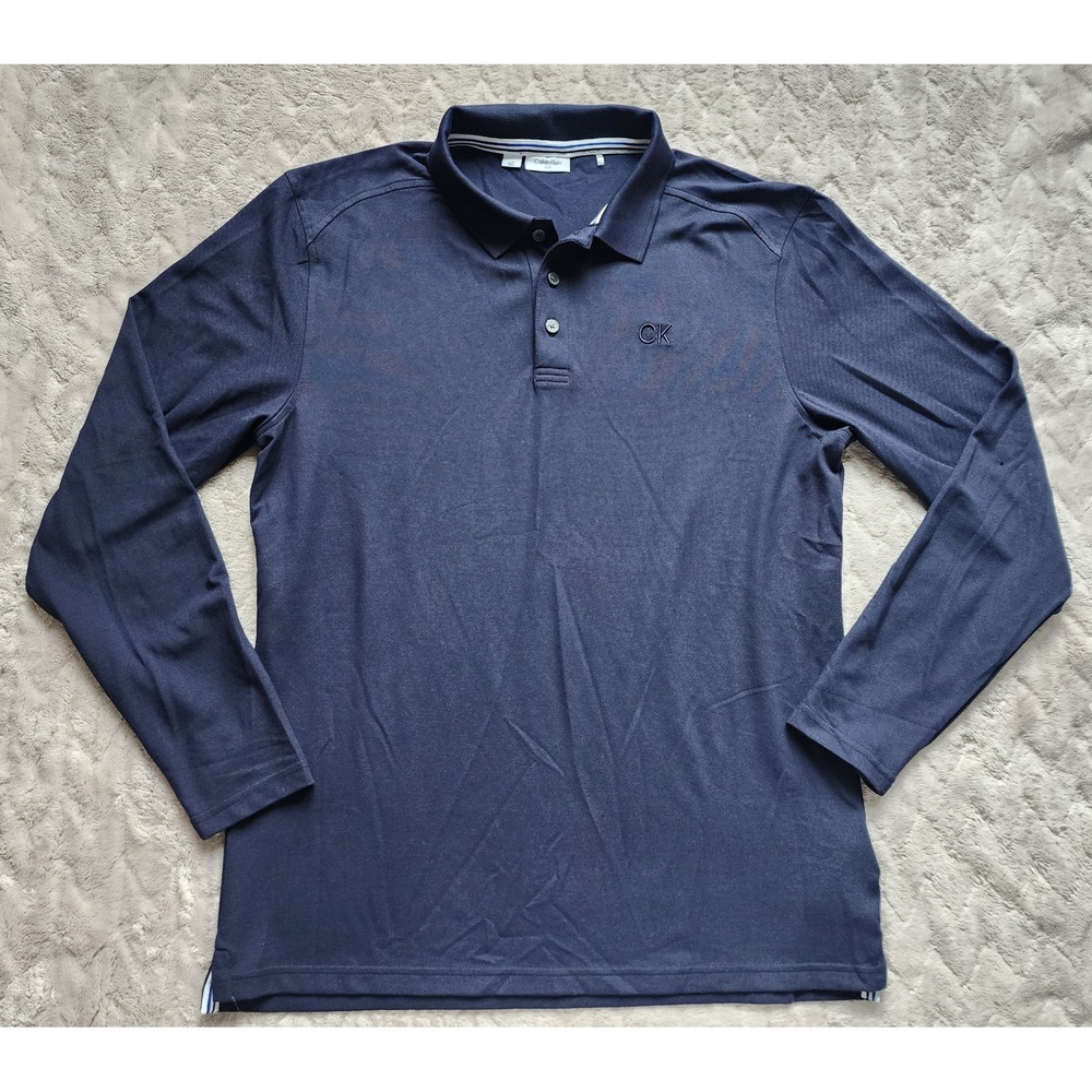 Calvin Klein Golf Mens Navy Blue Long Sleeve Pique Polo Shirt L